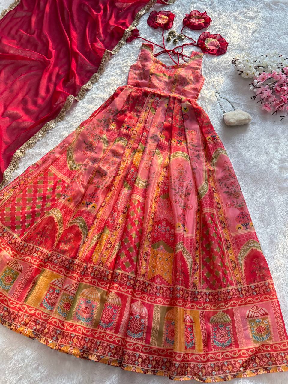 Bollywood Style Pure Jimmy Organza Silk Digital Printed Designer Anarkali Gown