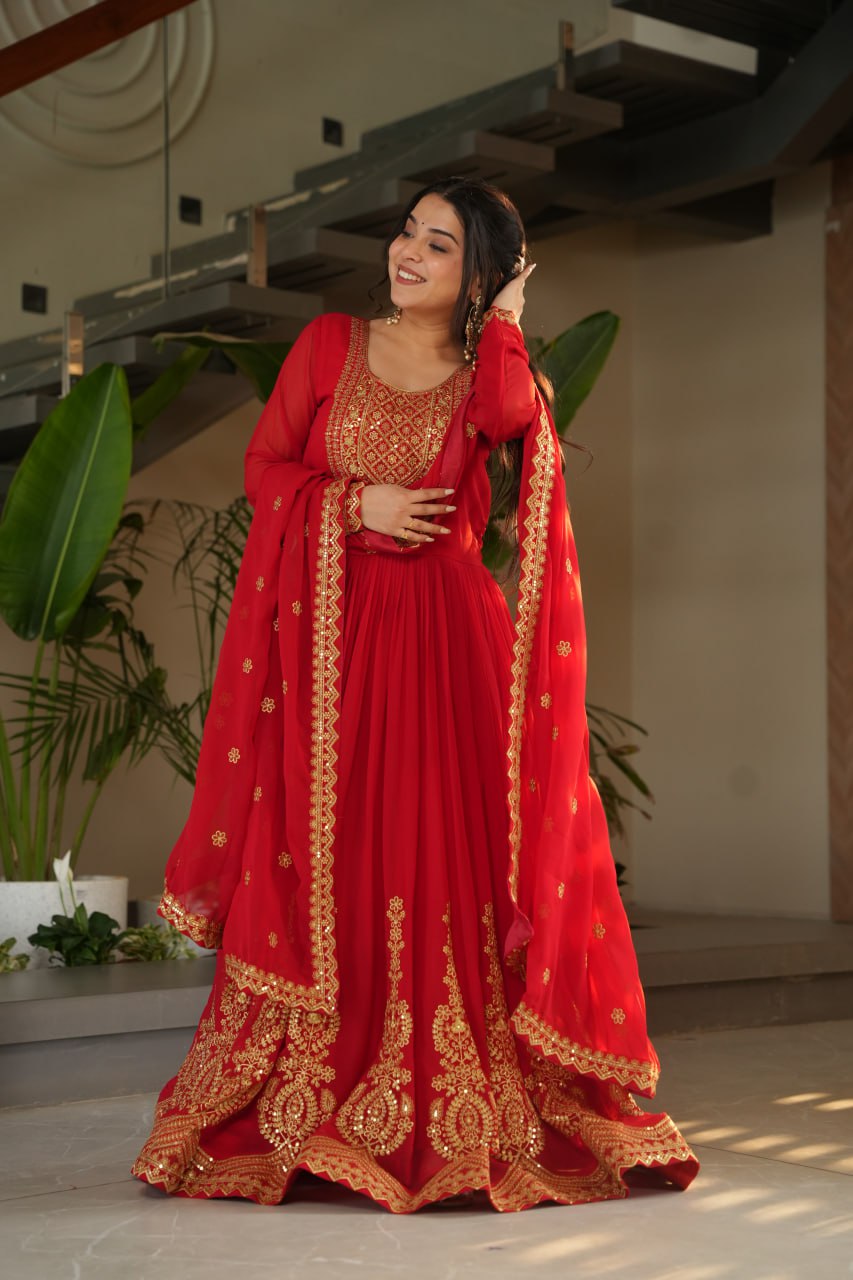 Reception Wear Red Color Faux Blooming With Embroidery Zari Sequins Work Designer Gown