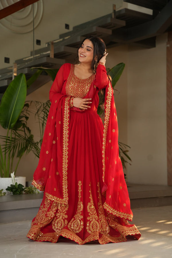 Reception Wear Red Color Faux Blooming With Embroidery Zari Sequins Work Designer Gown