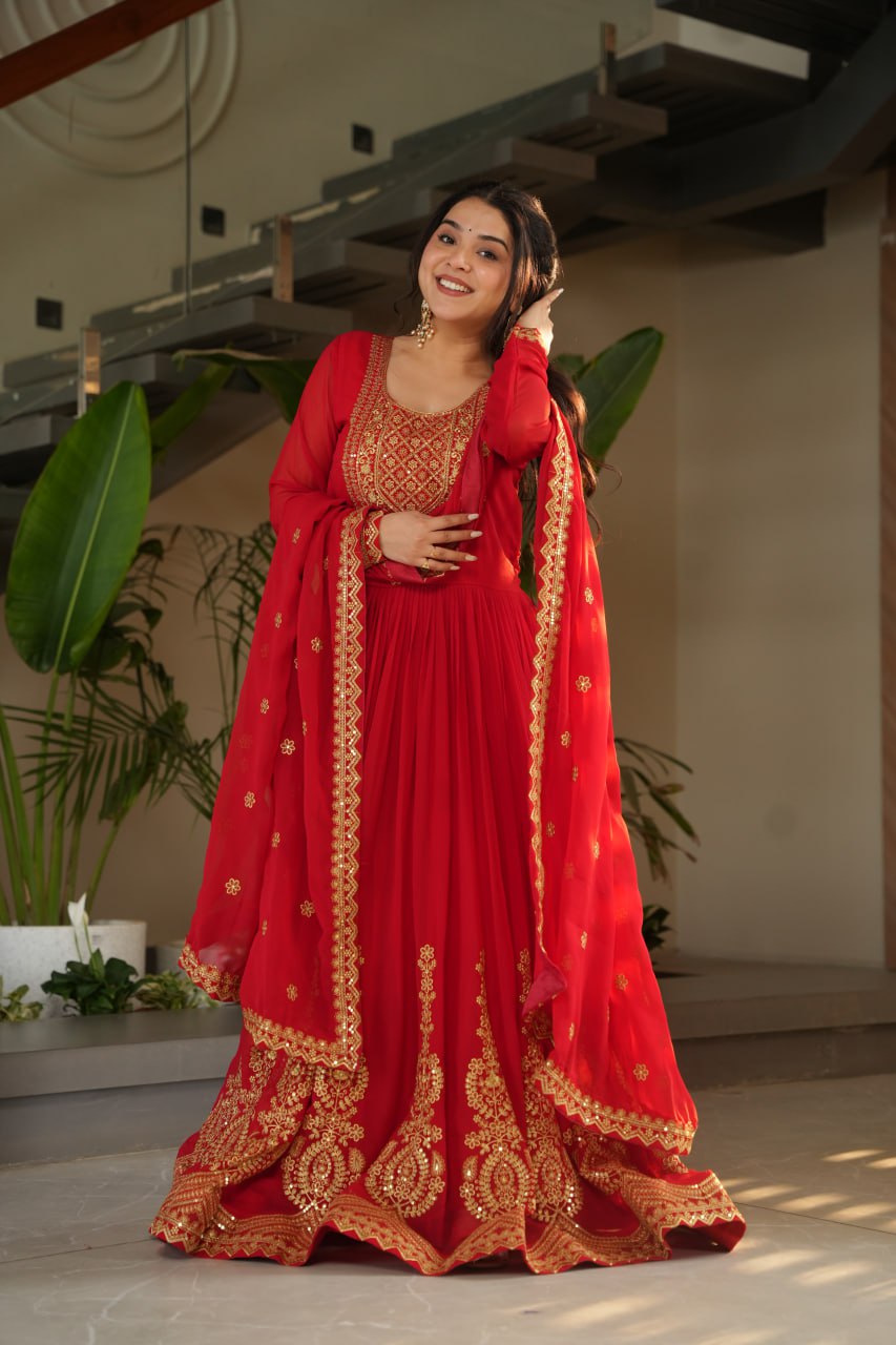 Reception Wear Red Color Faux Blooming With Embroidery Zari Sequins Work Designer Gown