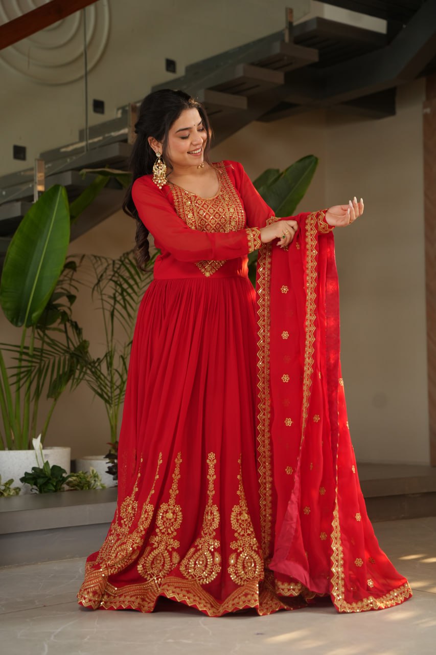 Reception Wear Red Color Faux Blooming With Embroidery Zari Sequins Work Designer Gown