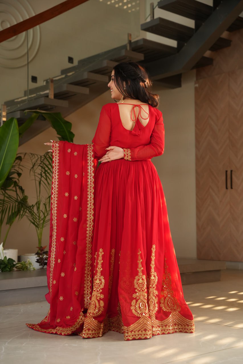 Reception Wear Red Color Faux Blooming With Embroidery Zari Sequins Work Designer Gown