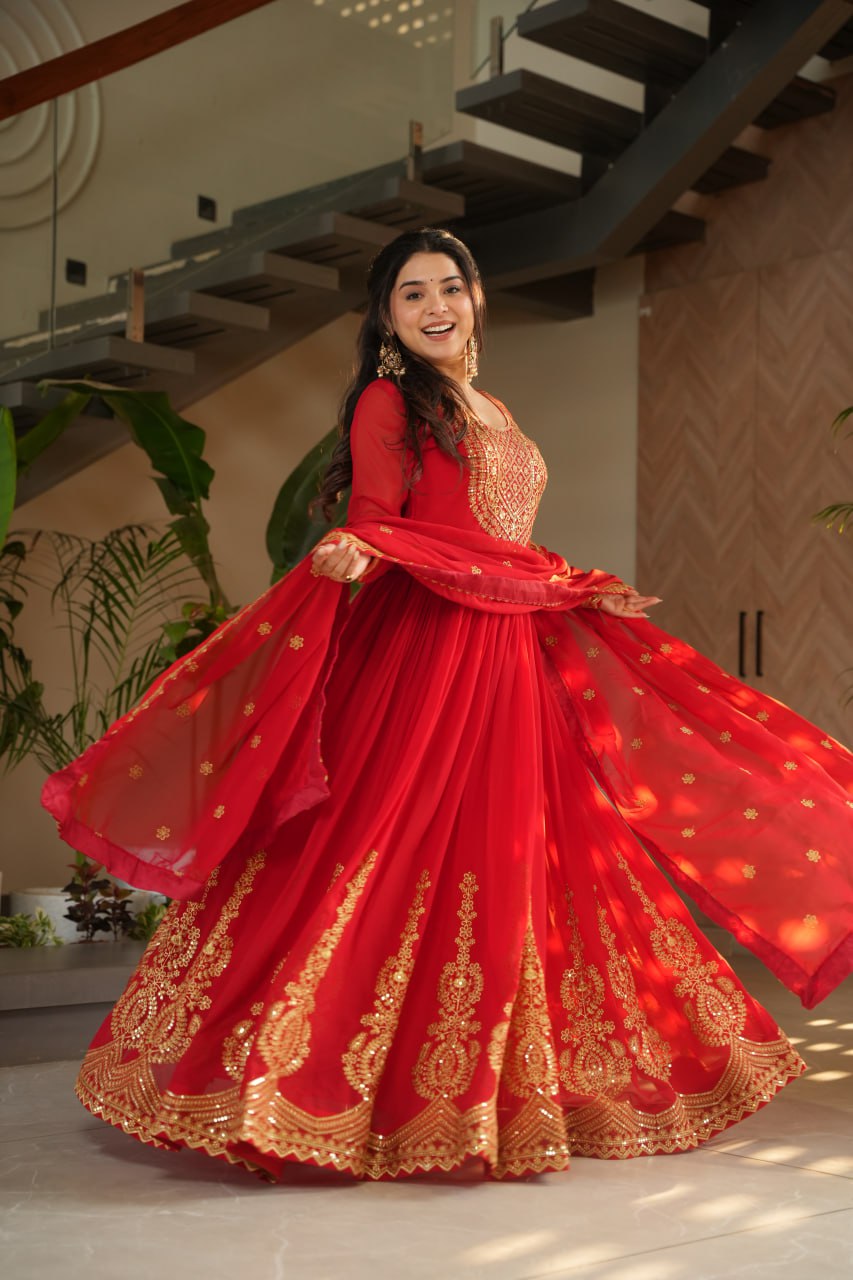 Reception Wear Red Color Faux Blooming With Embroidery Zari Sequins Work Designer Gown