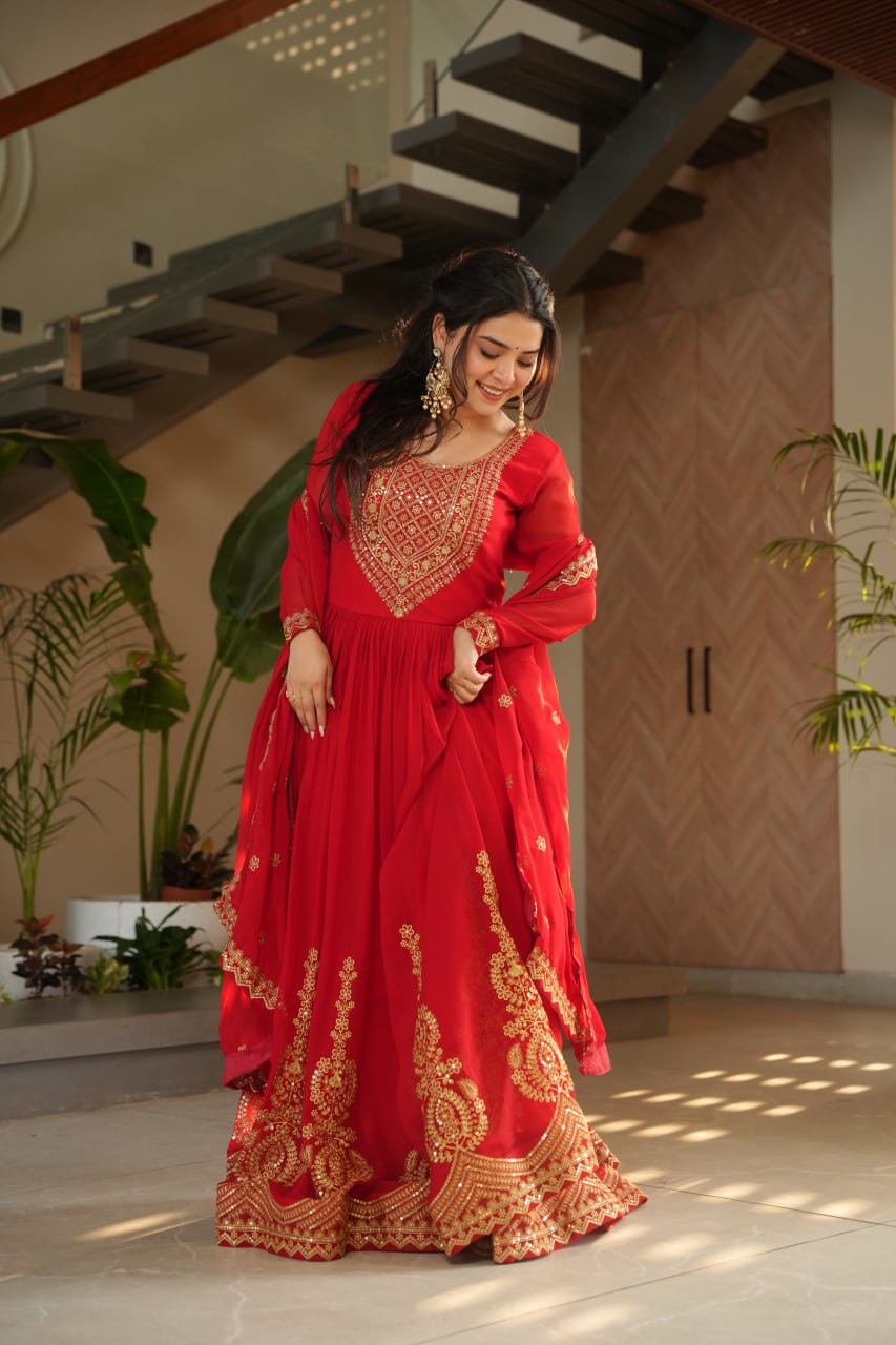 Reception Wear Red Color Faux Blooming With Embroidery Zari Sequins Work Designer Gown