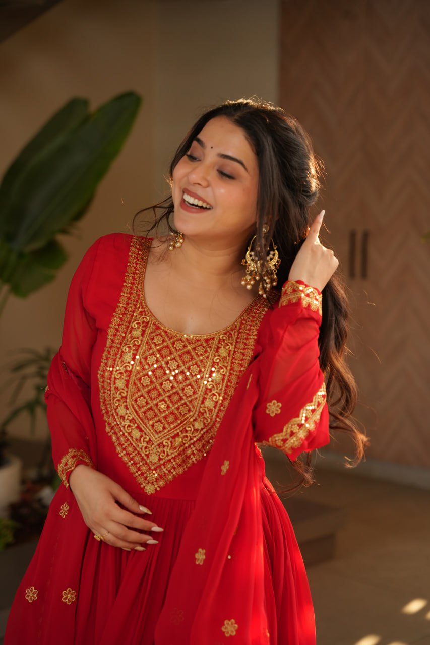 Reception Wear Red Color Faux Blooming With Embroidery Zari Sequins Work Designer Gown