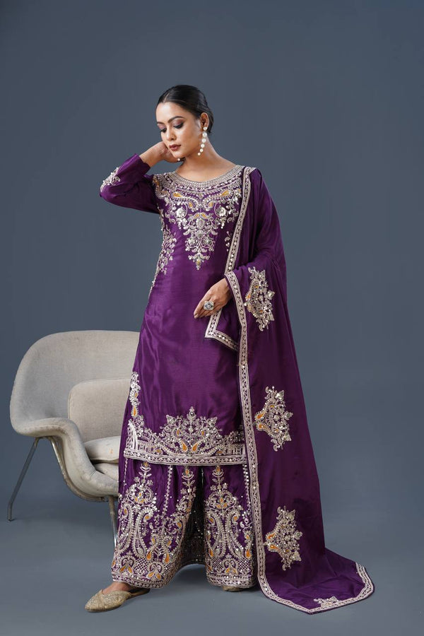 Admiring Dark Purple Color Pure Chinon Silk With Heavy Embroidery Coding Dori Sequence Work Palazzo Suit