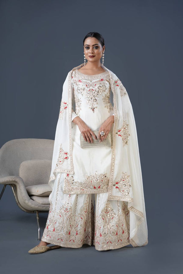 Admiring White Color Pure Chinon Silk With Heavy Embroidery Coding Dori Sequence Work Palazzo Suit