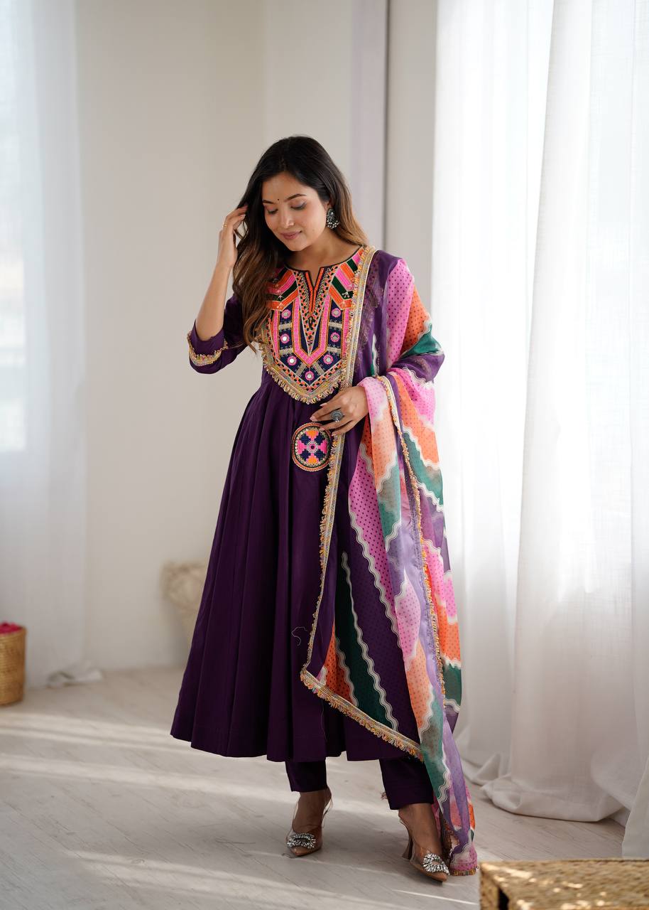 Festive Wear Purple Color Designer Gown Set with Dupatta
