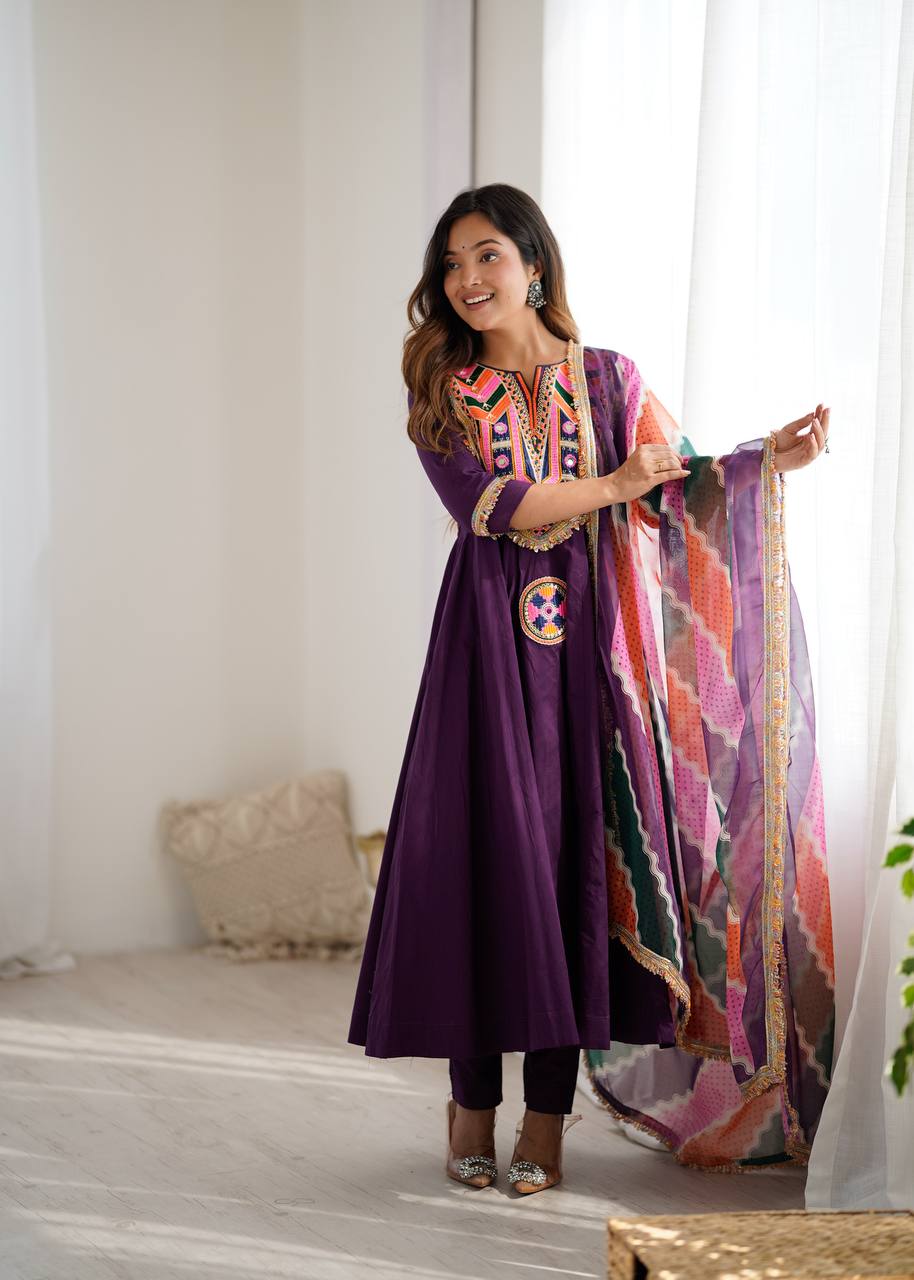 Festive Wear Purple Color Designer Gown Set with Dupatta