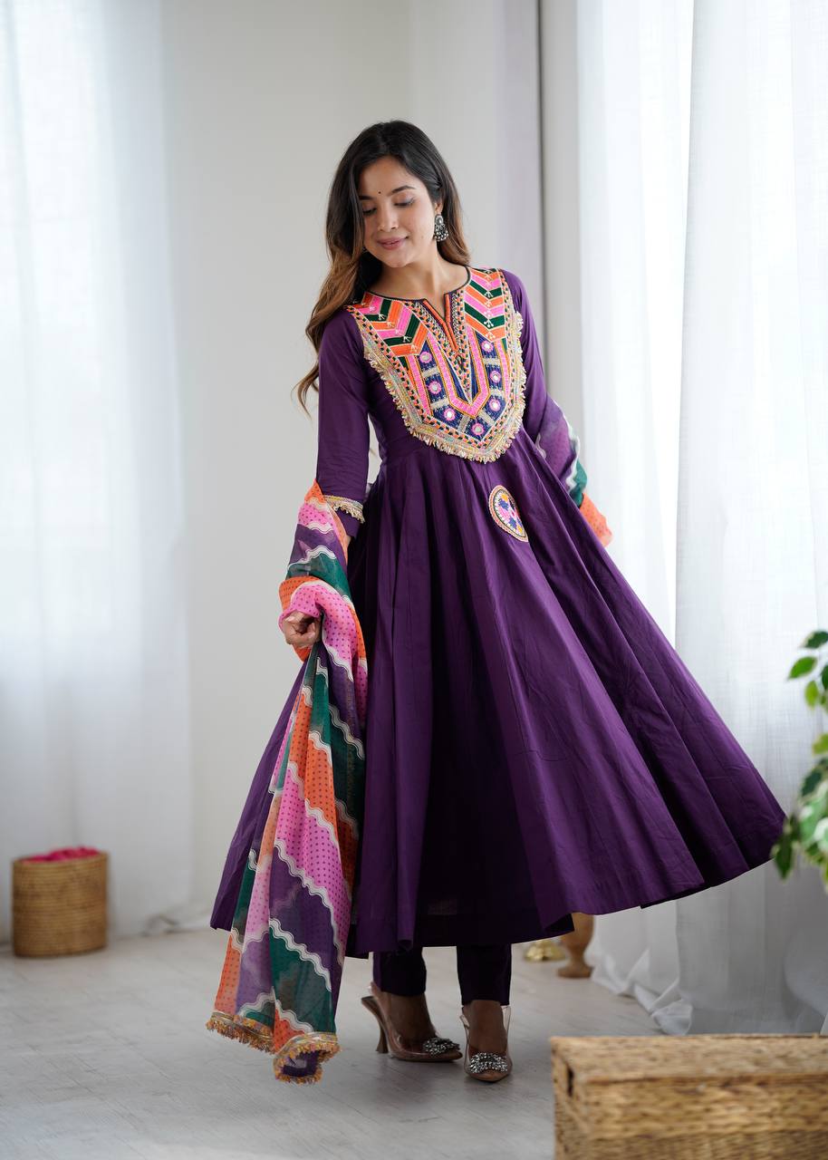 Festive Wear Purple Color Designer Gown Set with Dupatta