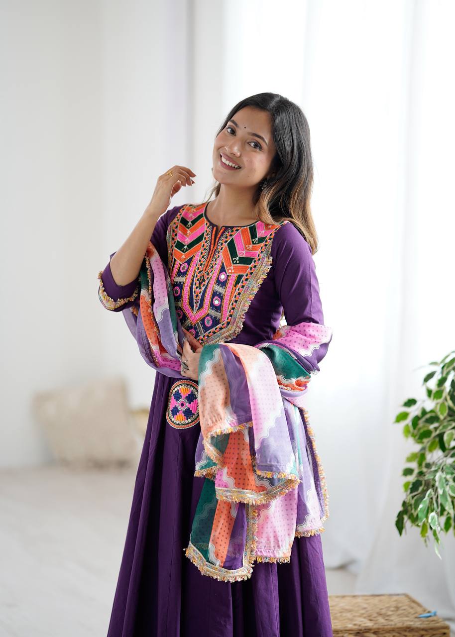 Festive Wear Purple Color Designer Gown Set with Dupatta