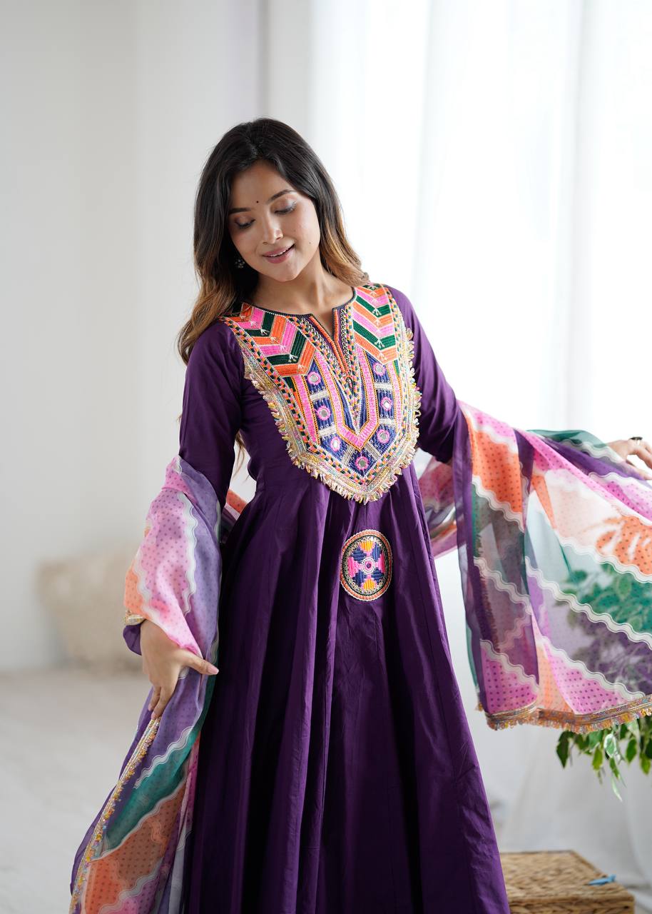 Festive Wear Purple Color Designer Gown Set with Dupatta