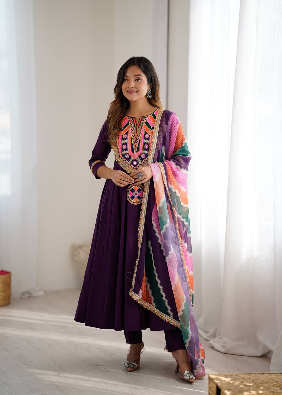 Festive Wear Purple Color Designer Gown Set with Dupatta