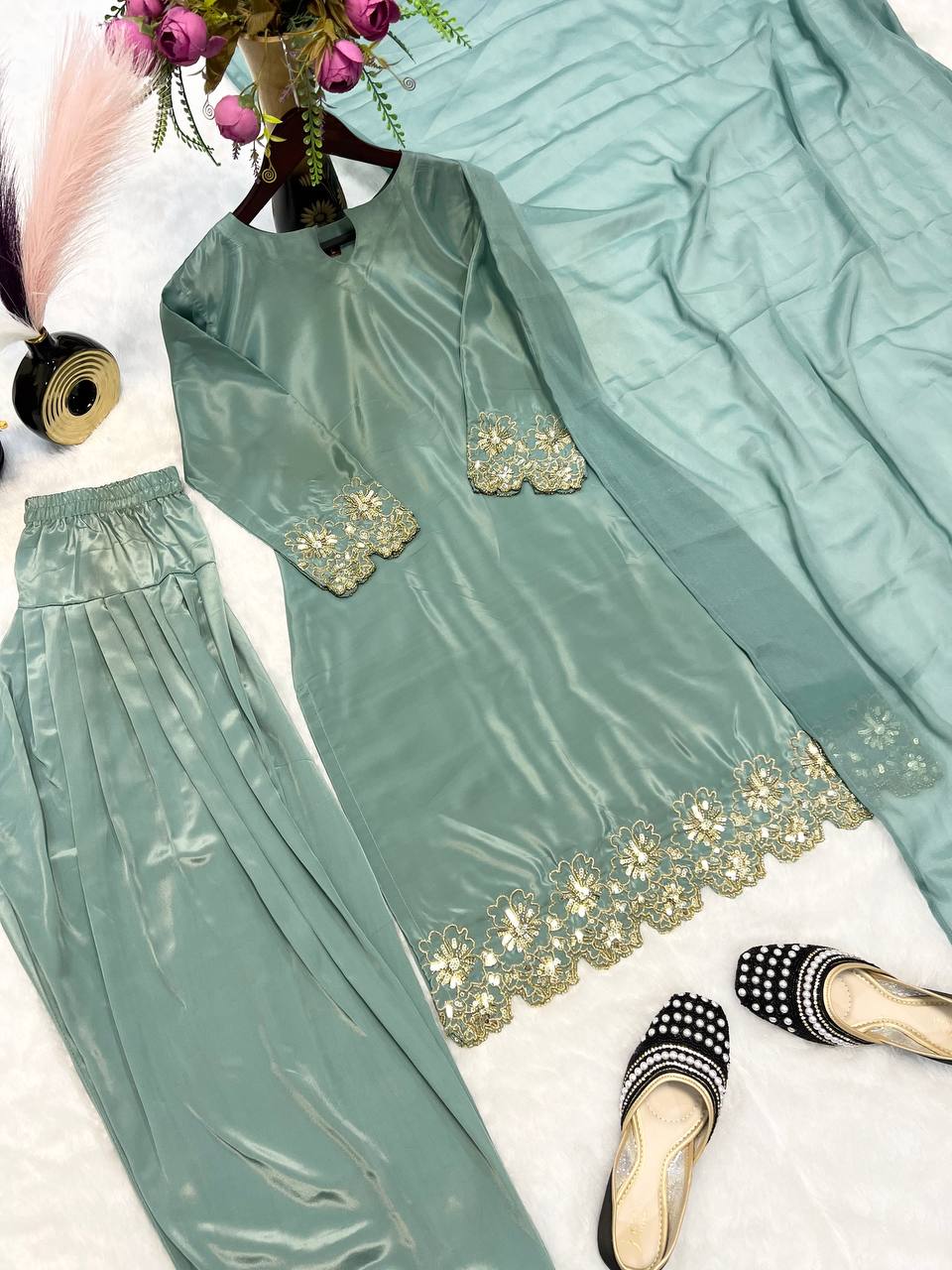 Superhit Aqua Green Color Heavy Natural Creep Silk With Bids Hand Work Beautiful Salwar Suit