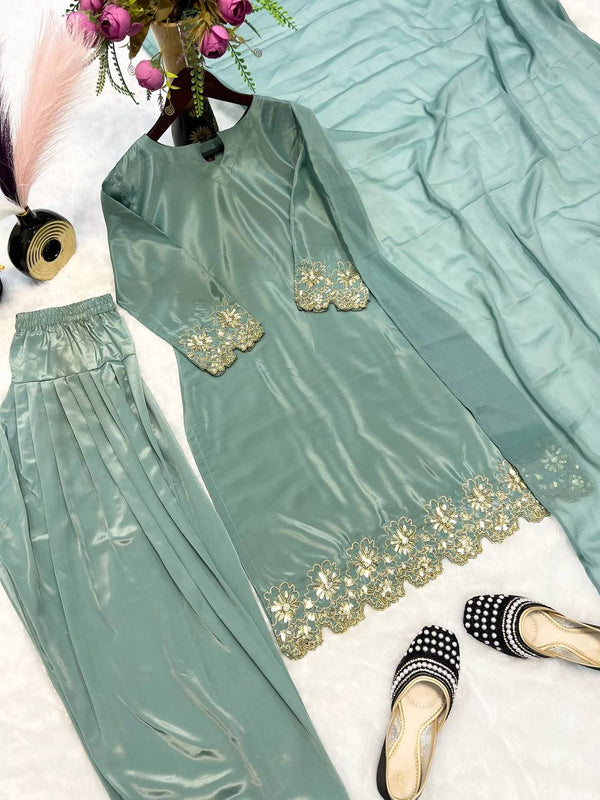 Superhit Aqua Green Color Heavy Natural Creep Silk With Bids Hand Work Beautiful Salwar Suit