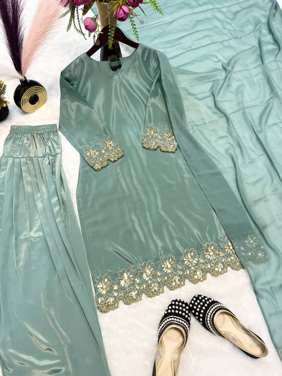 Superhit Aqua Green Color Heavy Natural Creep Silk With Bids Hand Work Beautiful Salwar Suit