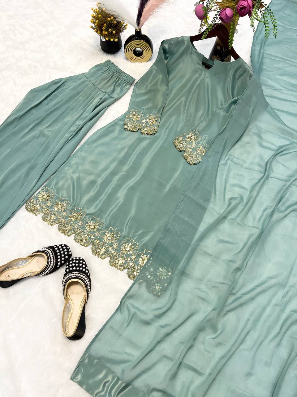 Superhit Aqua Green Color Heavy Natural Creep Silk With Bids Hand Work Beautiful Salwar Suit