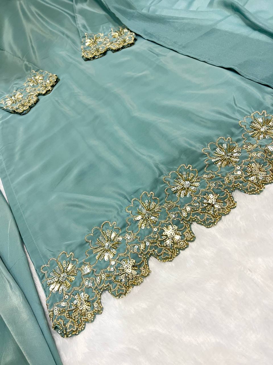 Superhit Aqua Green Color Heavy Natural Creep Silk With Bids Hand Work Beautiful Salwar Suit