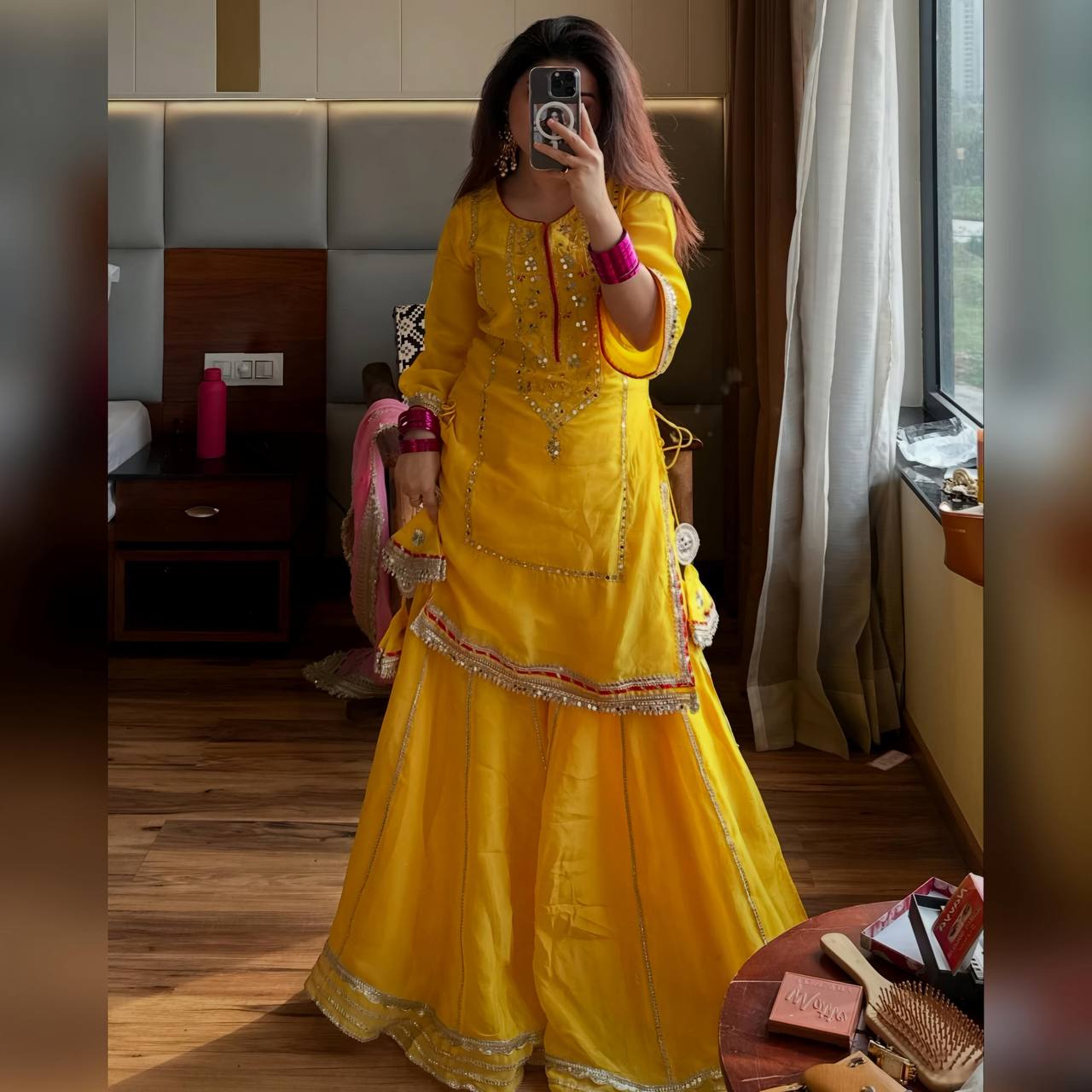 "Woman wearing bright yellow sharara suit with silver gota patti work and contrasting pink dupatta – perfect for Indian weddings, haldi, and festive celebrations."

Yellow Gota Patti Sharara Suit with Pink Dupatta – Festive & Wedding Wear for Women

Shop this yellow sharara suit with silver gota work and pink dupatta – ideal for haldi, mehendi, festive functions & traditional parties.

