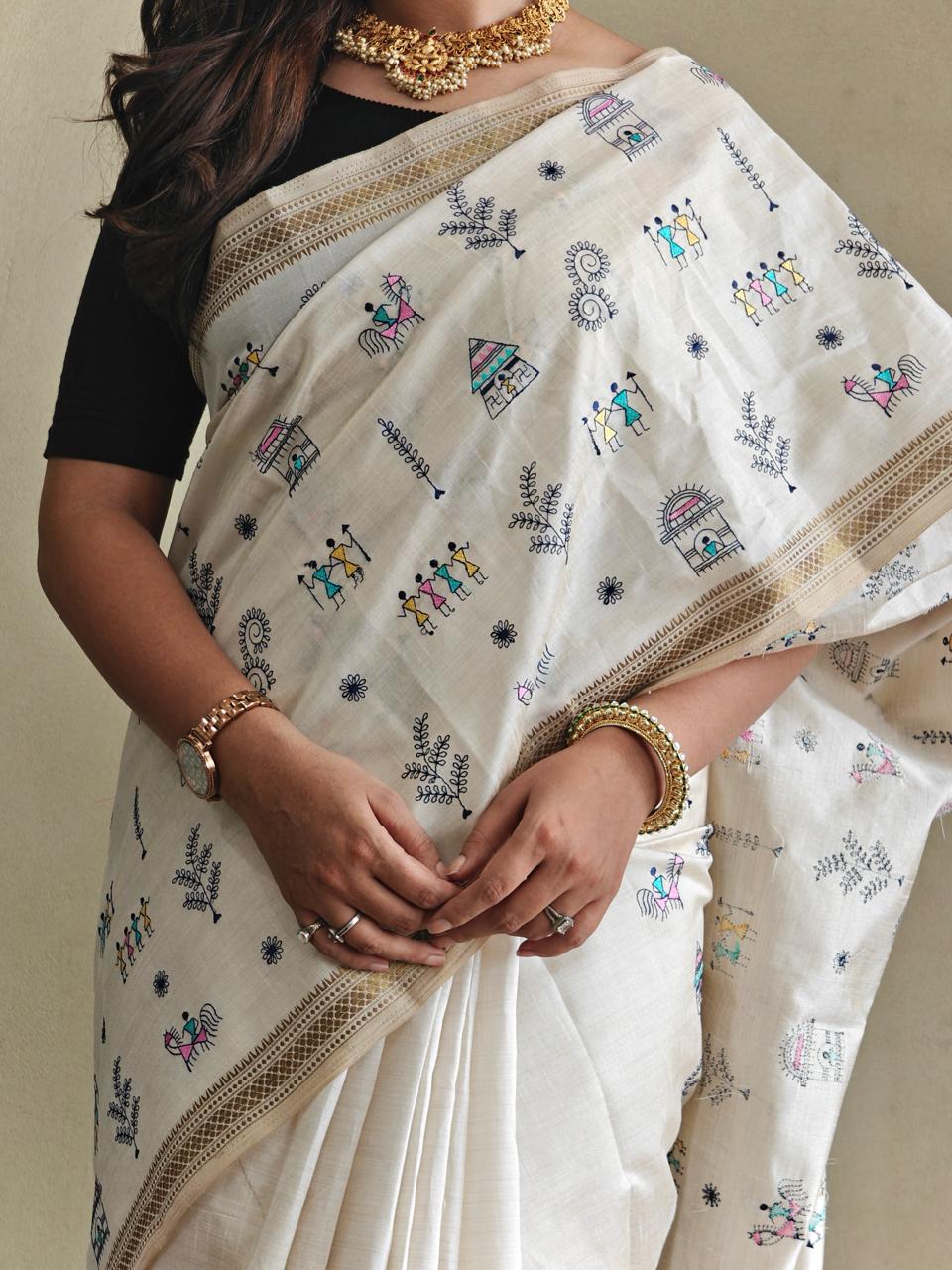 Gorgeous Off White Color Pure Cotton Silk Designer Saree