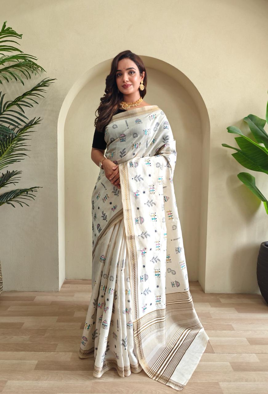 Gorgeous Off White Color Pure Cotton Silk Designer Saree