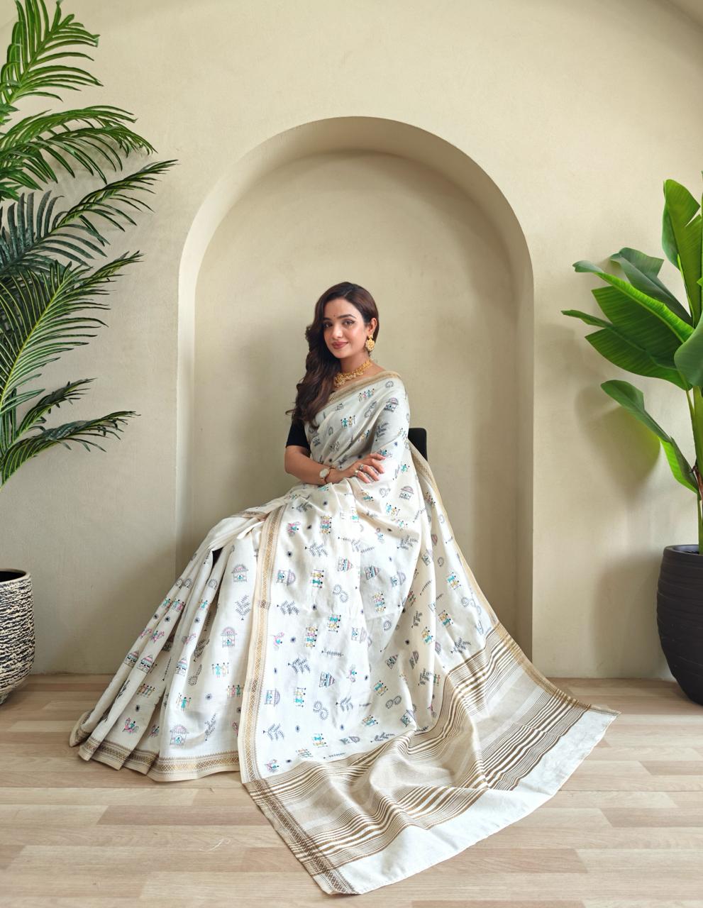 Gorgeous Off White Color Pure Cotton Silk Designer Saree