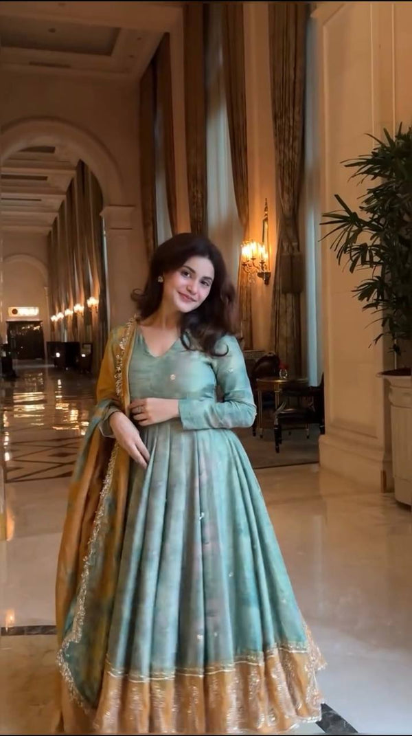 Traditional Wear Green Color Heavy Embroidery Sequence Work  Designer Party Wear Look Gown-Dupatta