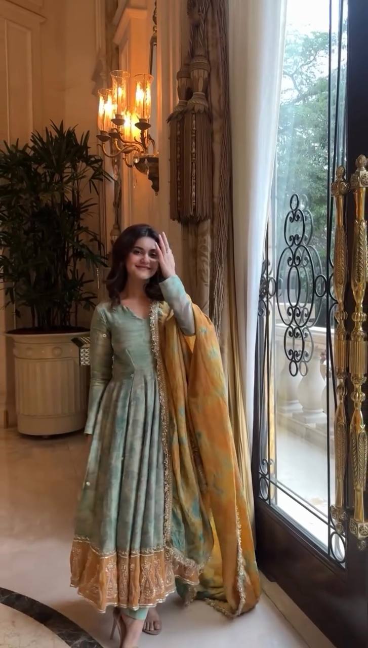 Traditional Wear Green Color Heavy Embroidery Sequence Work  Designer Party Wear Look Gown-Dupatta