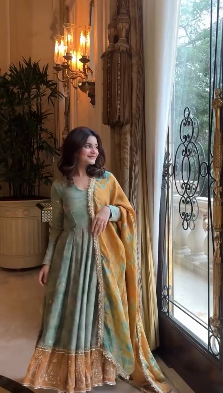 Traditional Wear Green Color Heavy Embroidery Sequence Work  Designer Party Wear Look Gown-Dupatta