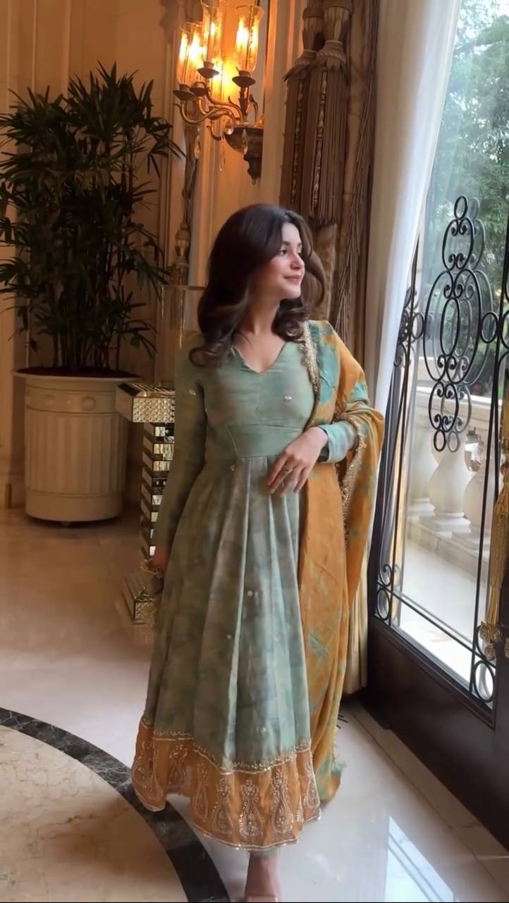 Traditional Wear Green Color Heavy Embroidery Sequence Work  Designer Party Wear Look Gown-Dupatta