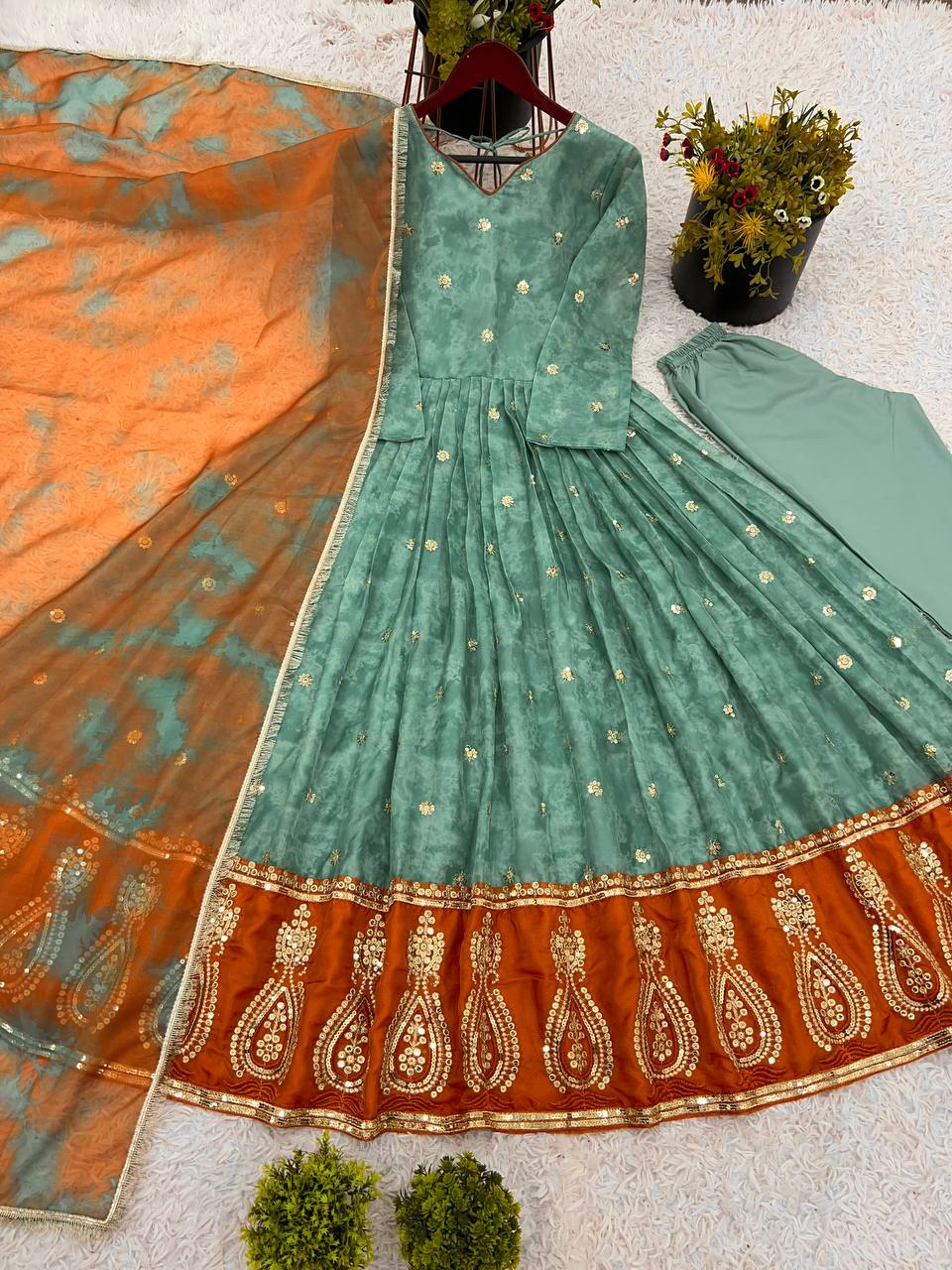 Traditional Wear Green Color Heavy Embroidery Sequence Work  Designer Party Wear Look Gown-Dupatta
