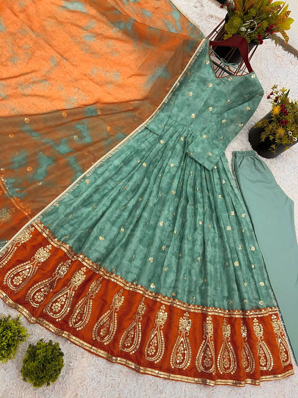 Traditional Wear Green Color Heavy Embroidery Sequence Work  Designer Party Wear Look Gown-Dupatta