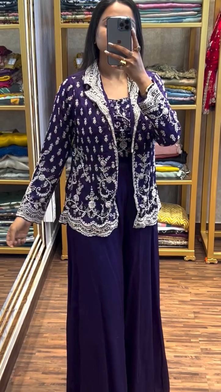Designer Blue Color Chinon Front Side Full Embroidery Work Palazzo Suit