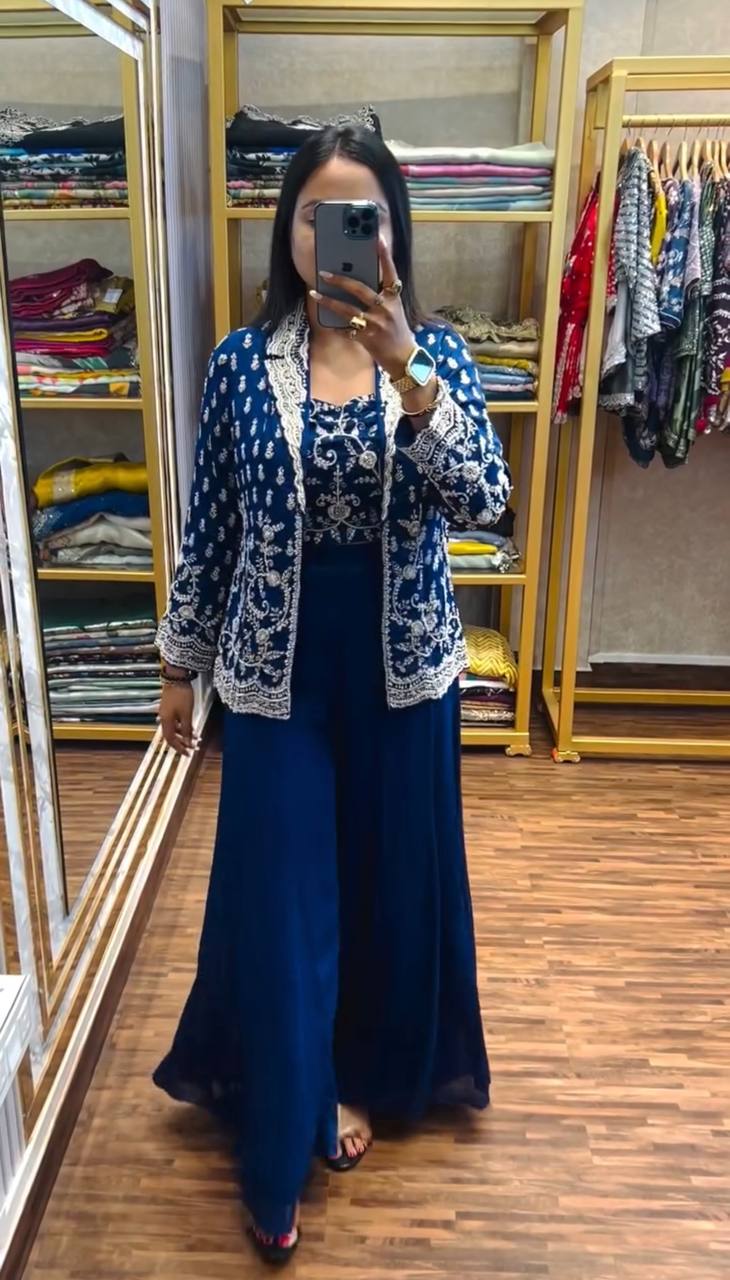 Designer Blue Color Chinon Front Side Full Embroidery Work Palazzo Suit