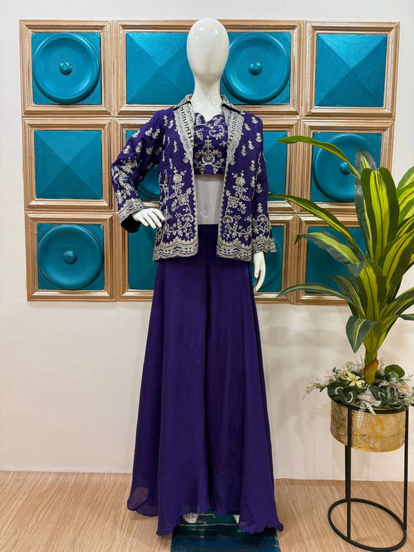 Designer Blue Color Chinon Front Side Full Embroidery Work Palazzo Suit