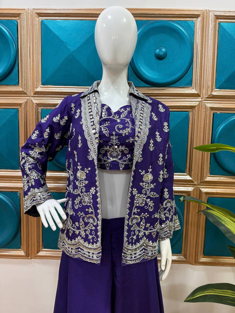 Designer Blue Color Chinon Front Side Full Embroidery Work Palazzo Suit