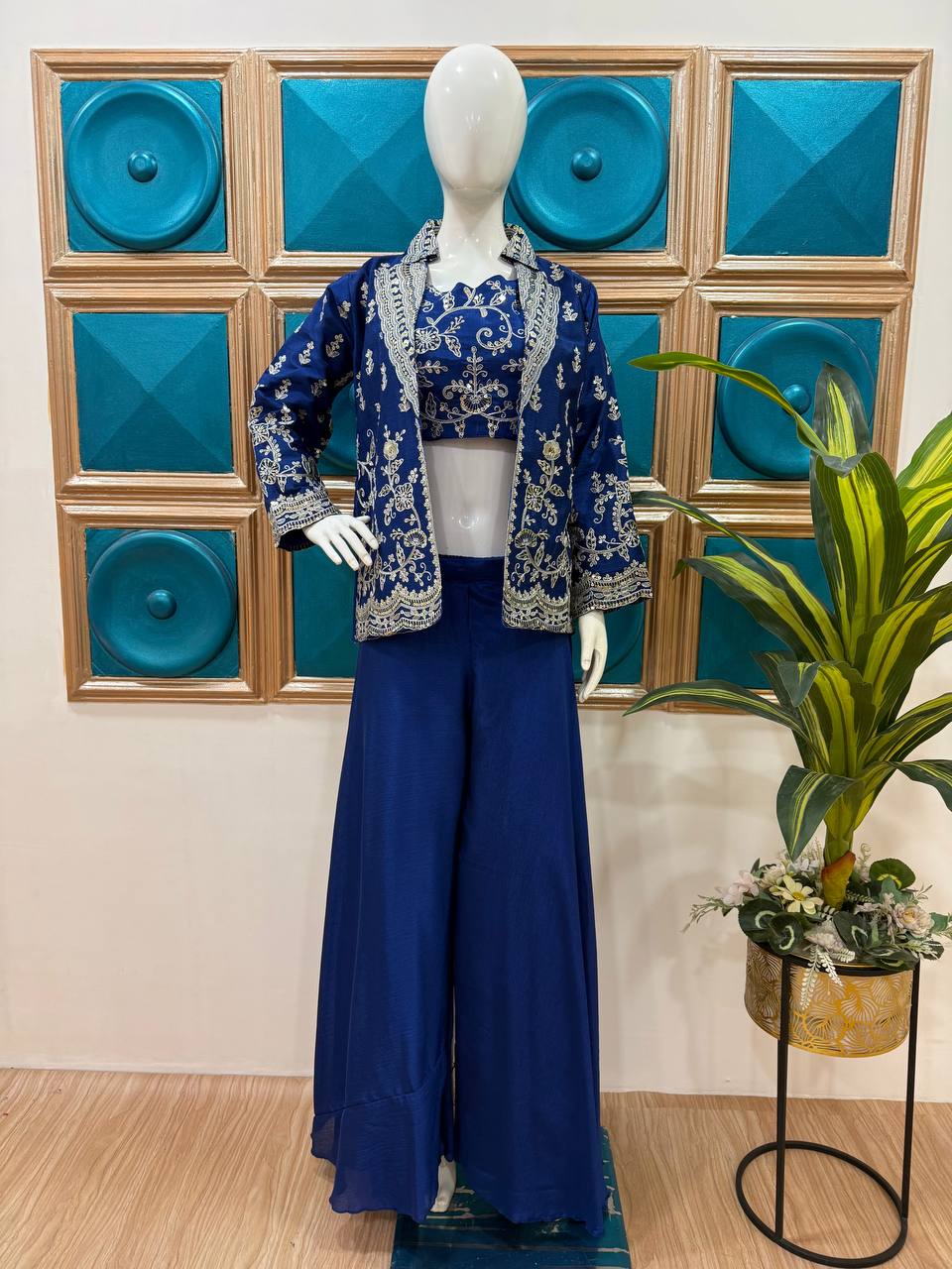 Designer Blue Color Chinon Front Side Full Embroidery Work Palazzo Suit