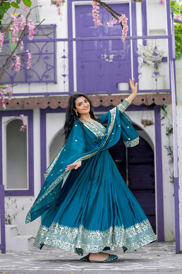Occasion Wear Teal Blue Color Heavy Chinon Silk With Embroidery Sequence Work Gown
