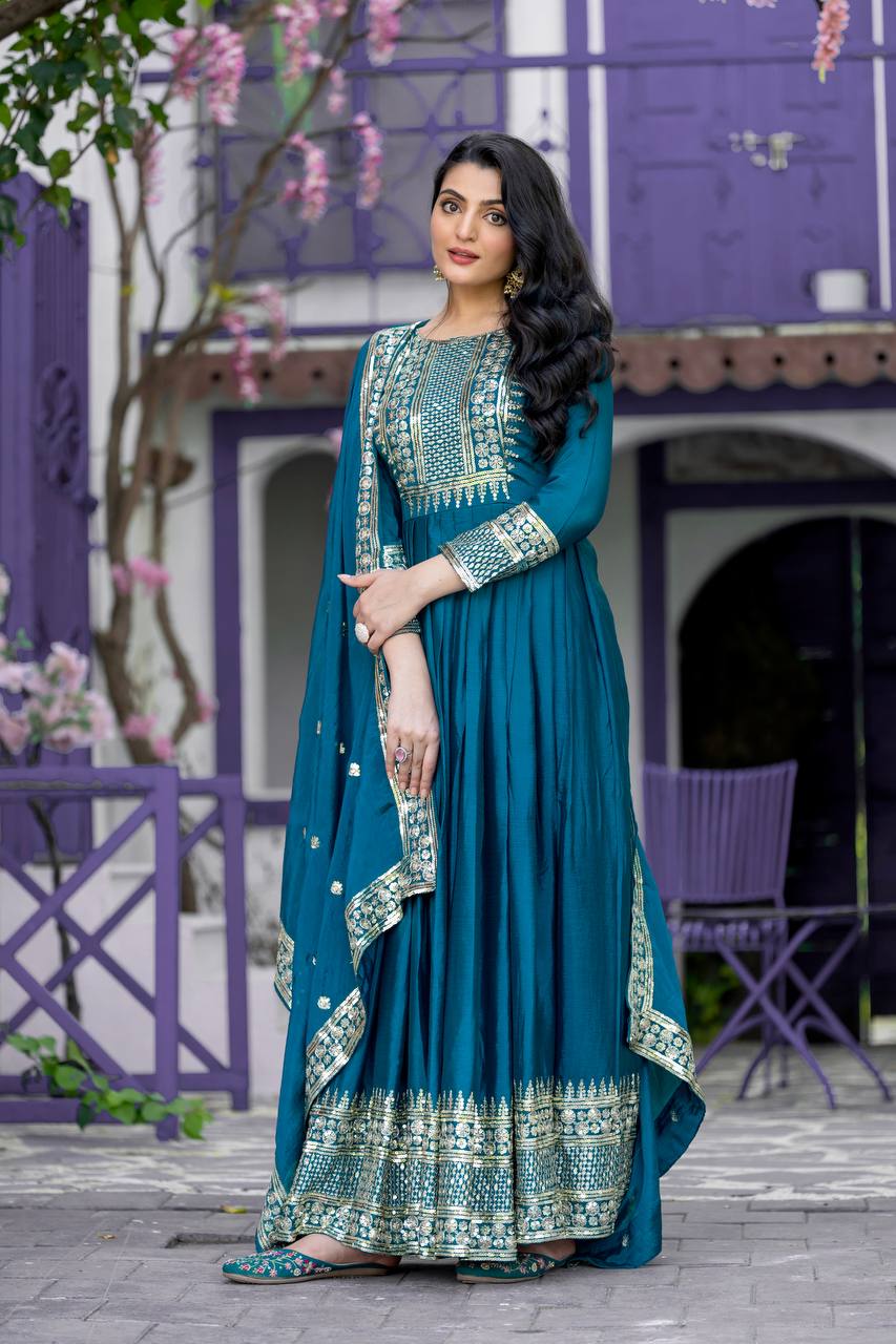 Occasion Wear Teal Blue Color Heavy Chinon Silk With Embroidery Sequence Work Gown