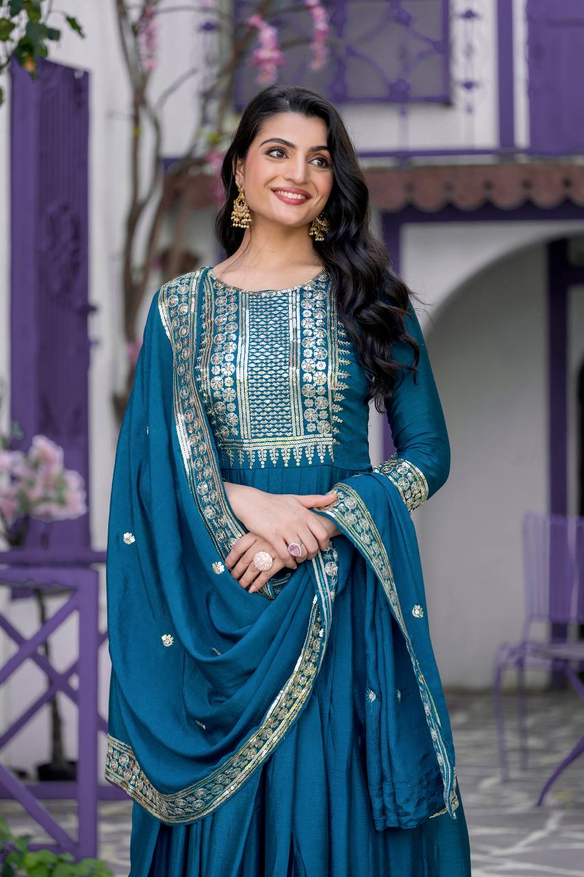 Occasion Wear Teal Blue Color Heavy Chinon Silk With Embroidery Sequence Work Gown