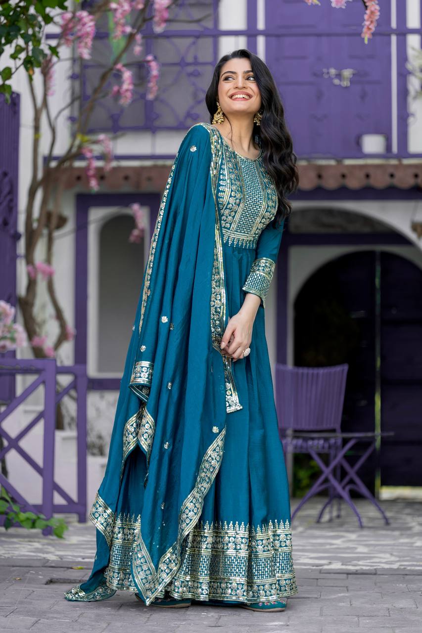 Occasion Wear Teal Blue Color Heavy Chinon Silk With Embroidery Sequence Work Gown