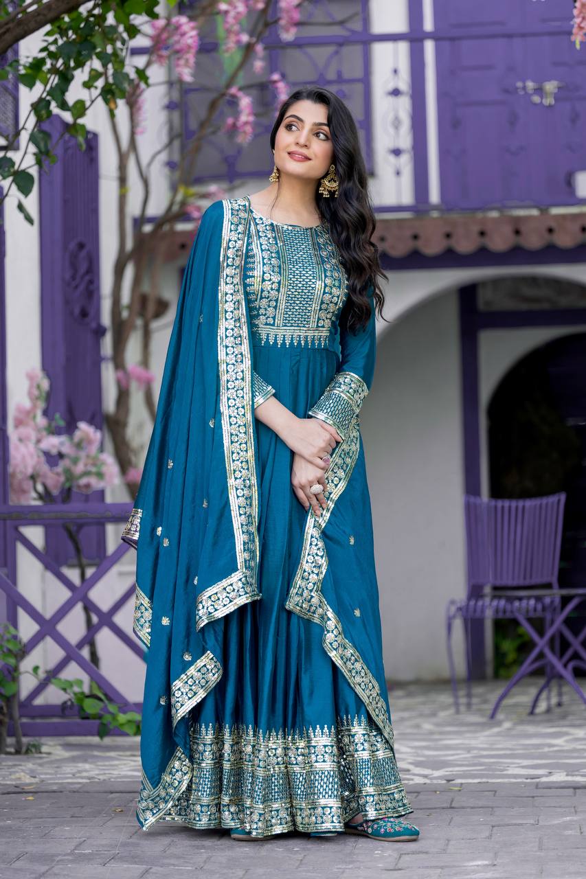Occasion Wear Teal Blue Color Heavy Chinon Silk With Embroidery Sequence Work Gown