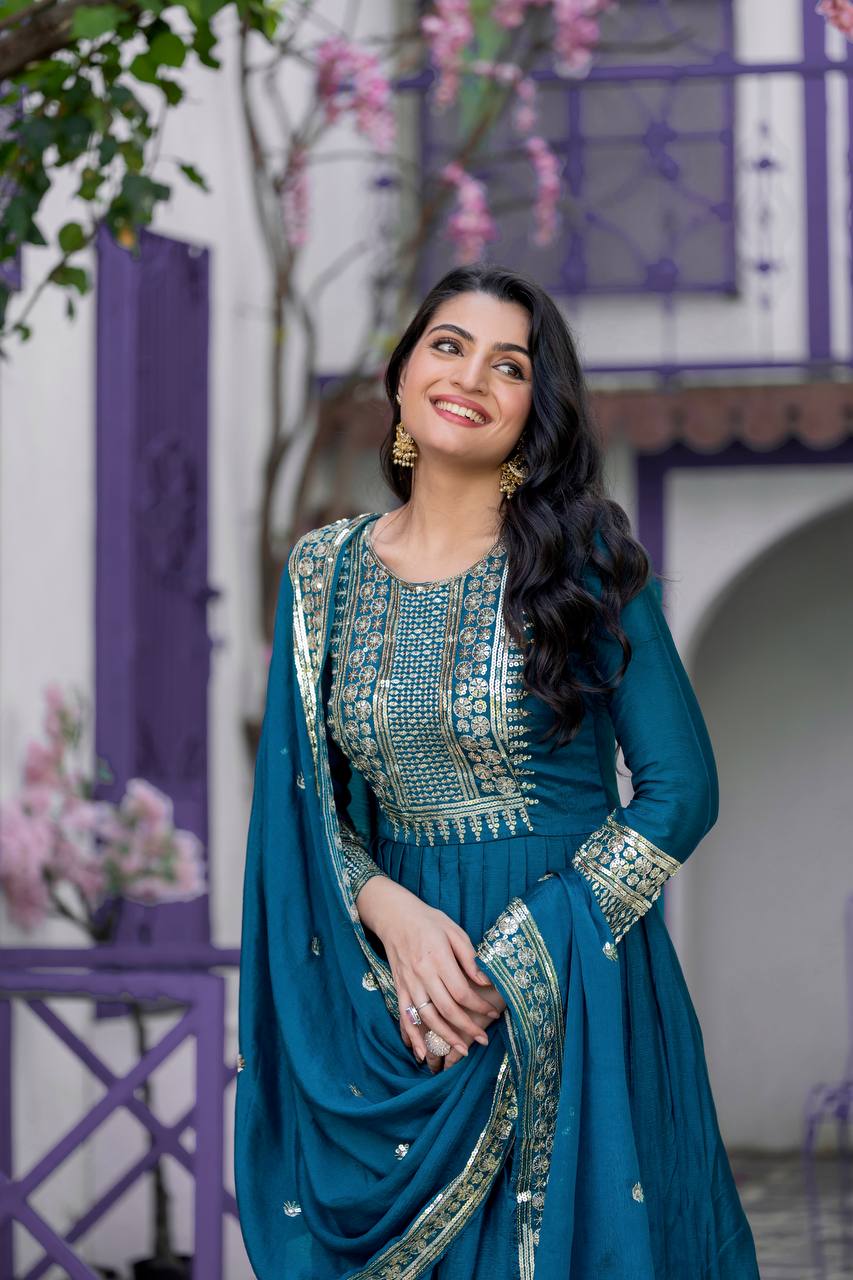 Occasion Wear Teal Blue Color Heavy Chinon Silk With Embroidery Sequence Work Gown