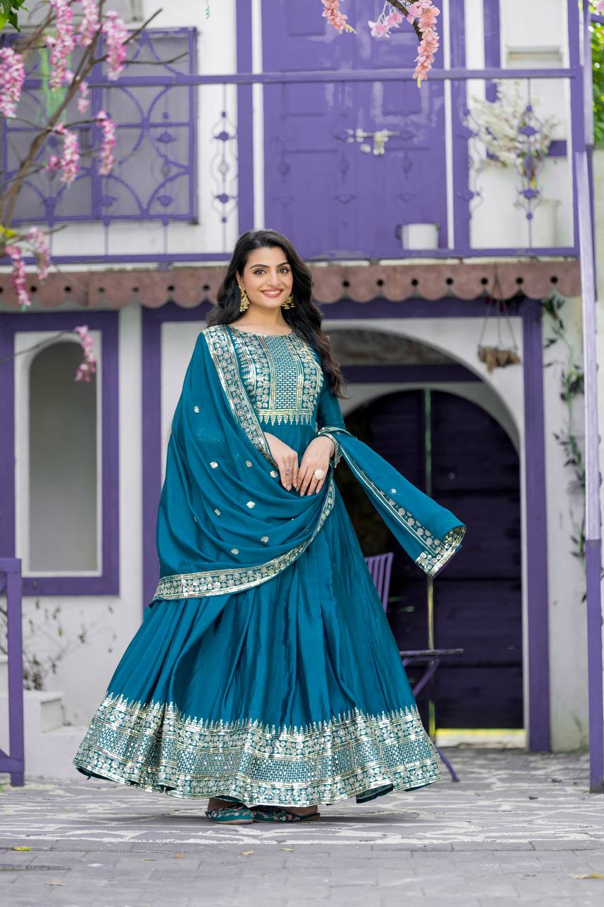 Occasion Wear Teal Blue Color Heavy Chinon Silk With Embroidery Sequence Work Gown