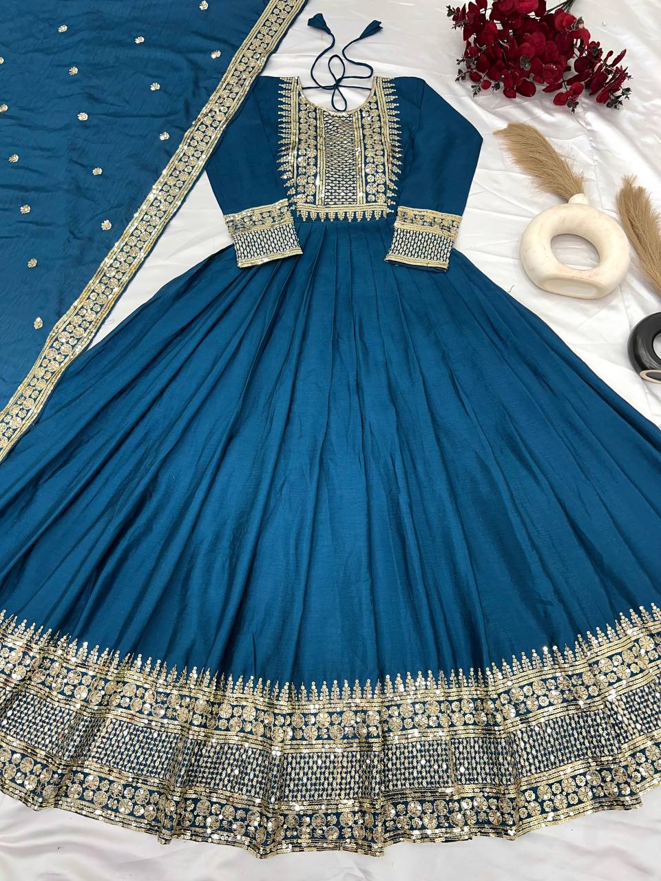 Occasion Wear Teal Blue Color Heavy Chinon Silk With Embroidery Sequence Work Gown