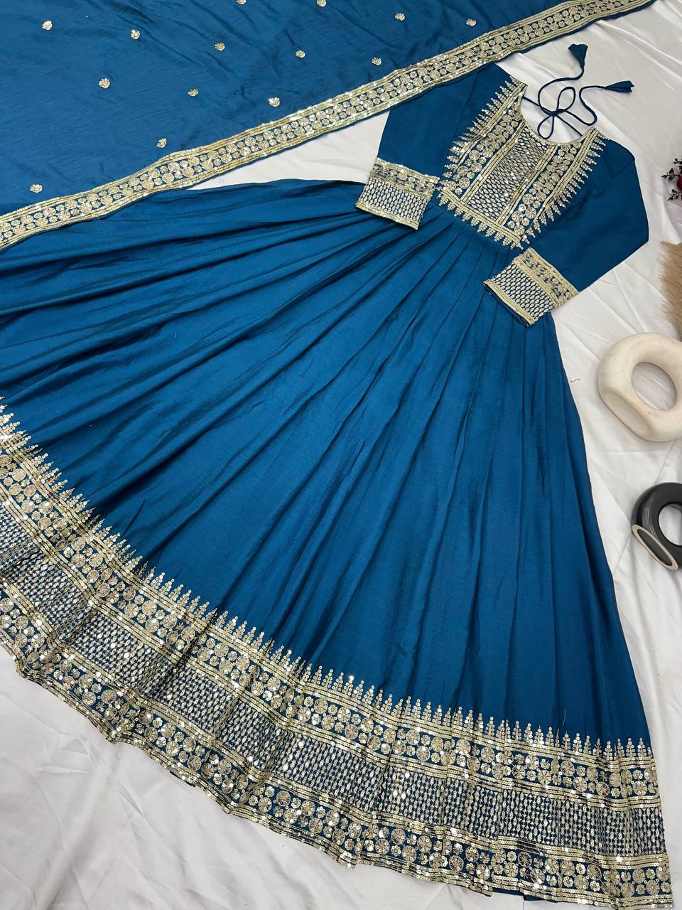 Occasion Wear Teal Blue Color Heavy Chinon Silk With Embroidery Sequence Work Gown