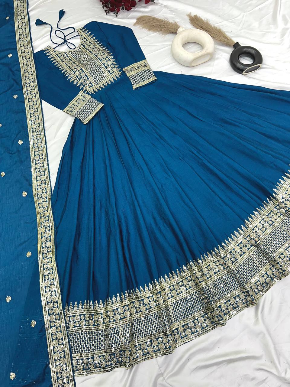 Occasion Wear Teal Blue Color Heavy Chinon Silk With Embroidery Sequence Work Gown