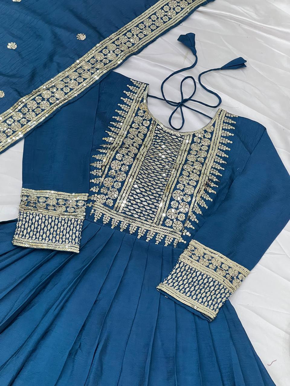Occasion Wear Teal Blue Color Heavy Chinon Silk With Embroidery Sequence Work Gown