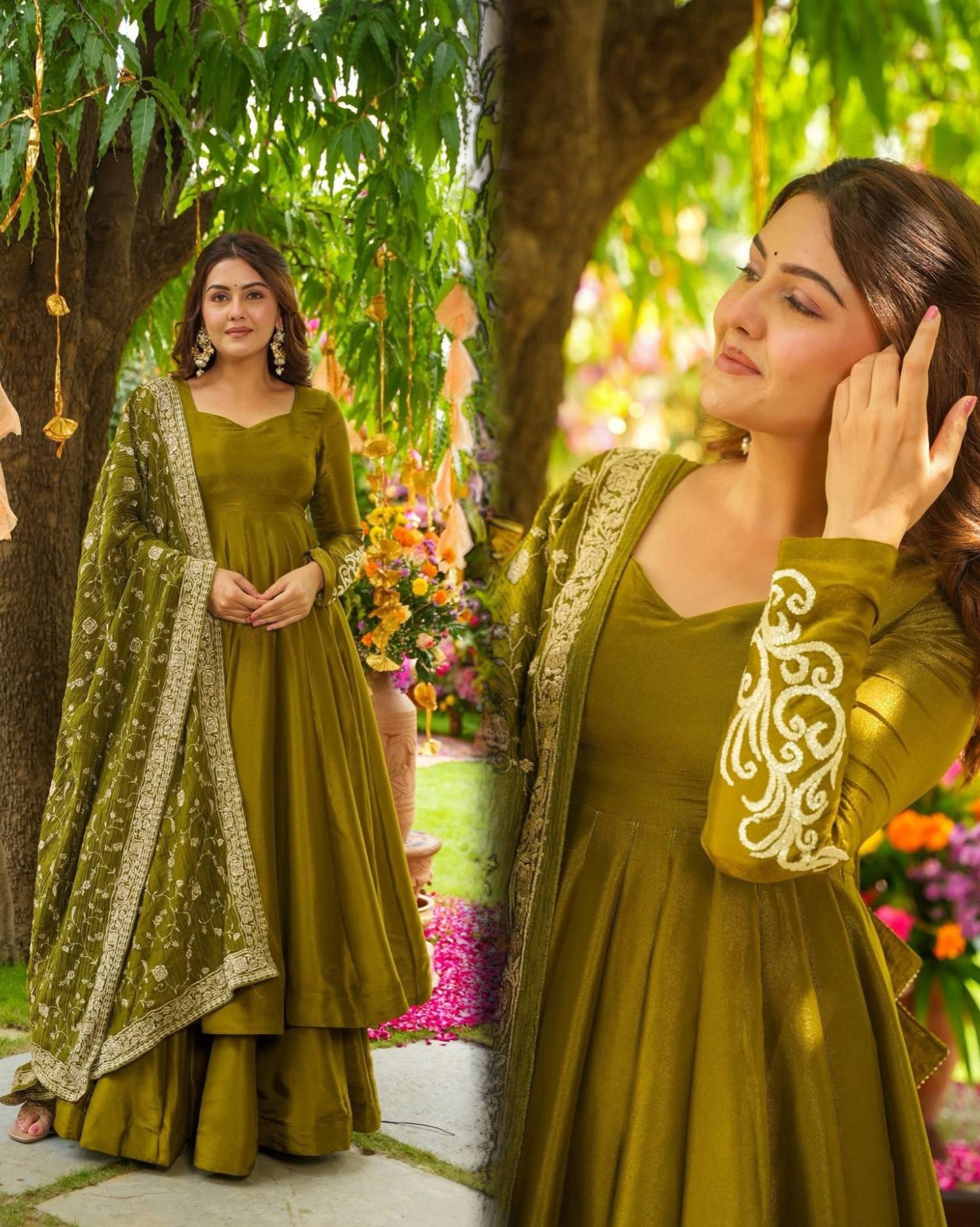 Wedding Wear Mahendi Green Color Embroidery Work Designer Gown Set