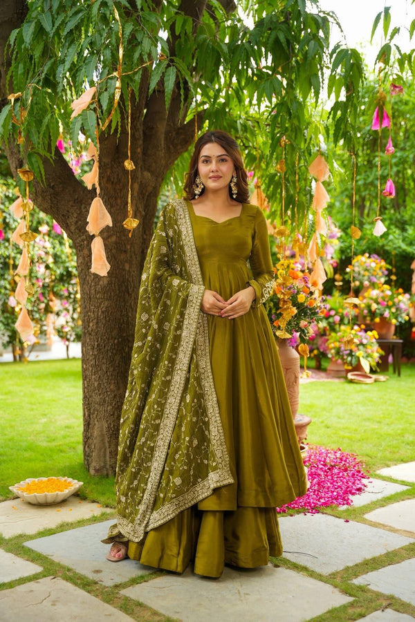 Wedding Wear Mahendi Green Color Embroidery Work Designer Gown Set